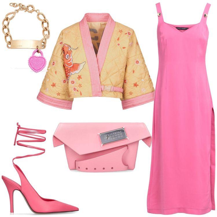Outfit donna - Total look #1906653. Stile Chic per Serata fuori. Abbinamento con vestiti midi/longuette, kimono, braccialetti, décolleté, pochette.