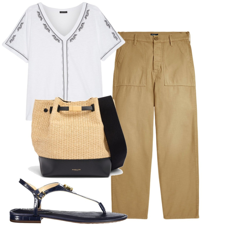 Outfit donna - Domenica vera. Stile Bon Ton per Tutti i giorni. Abbinamento con pantaloni, infradito, t-shirt, borse a mano.