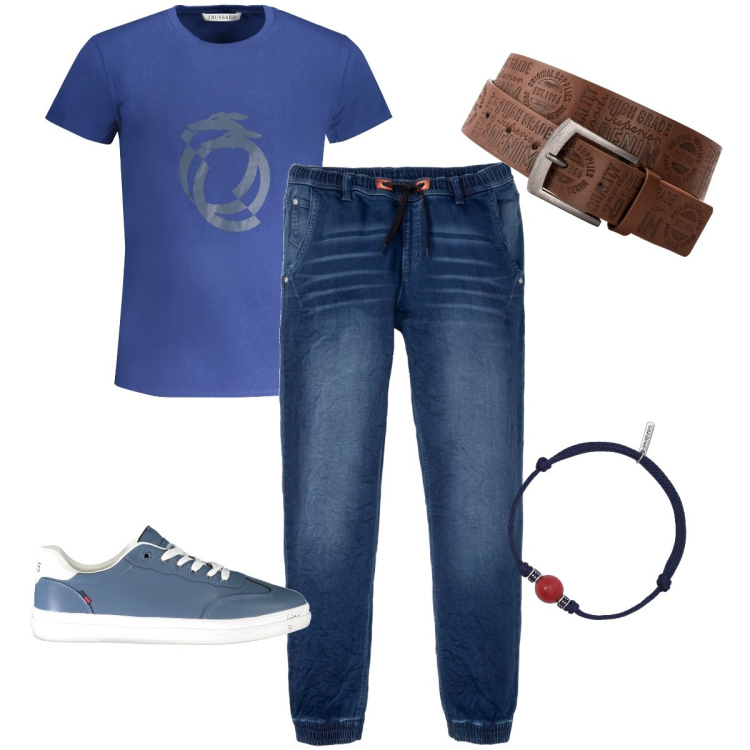 Outfit uomo - Domenica al museo. Stile Urban per Tutti i giorni. Abbinamento con cinture, jeans dritti, braccialetti, sneakers, t-shirt.