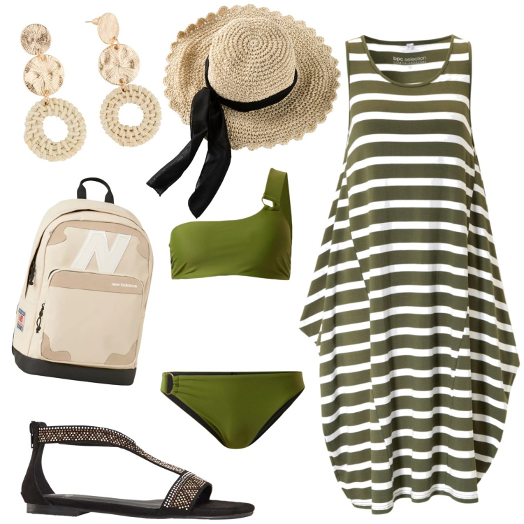 Outfit donna - Al mare. Stile Casual per Mare. Abbinamento con cappelli, orecchini, vestiti midi/longuette, bikini, sandali, zaini.