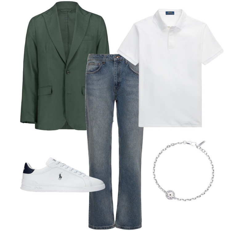 Outfit uomo - La giacca verde. Stile Trendy per Ufficio. Abbinamento con braccialetti, sneakers, polo, jeans dritti, giacche.