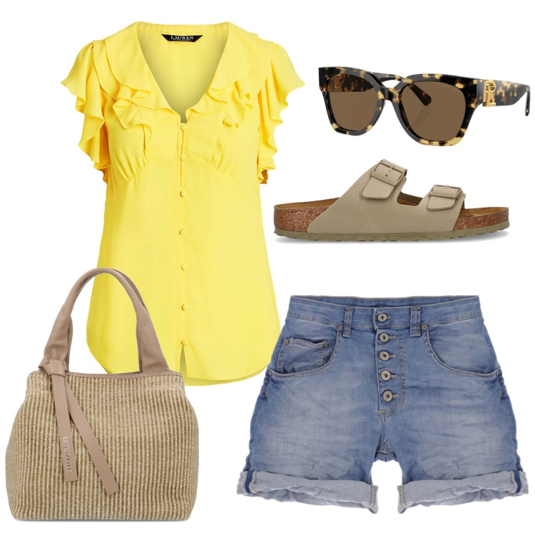 Outfit donna - Città. Stile Casual per Tutti i giorni. Abbinamento con shorts, occhiali da sole, top, sandali, borse a mano.