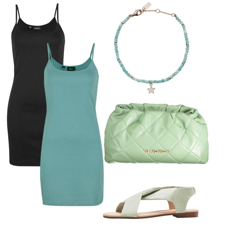 Outfit donna - Doppio. Stile Bon Ton per Tutti i giorni. Abbinamento con vestiti, sandali, braccialetti, borse a spalla.