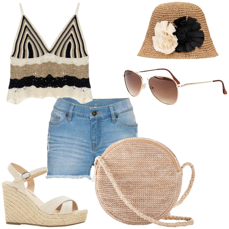 Outfit donna - Pantaloncino e top. Stile Trendy per Tutti i giorni. Abbinamento con borse a tracolla, occhiali da sole, sandali, shorts, top, cappelli.