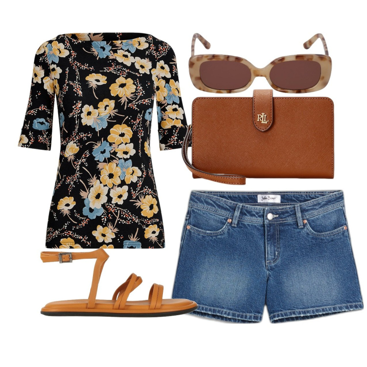 Outfit donna - Ghost outfitter- giugno. Stile Casual chic per Tutti i giorni. Abbinamento con sandali in pelle, shorts, pochette, maglieria, occhiali da sole.