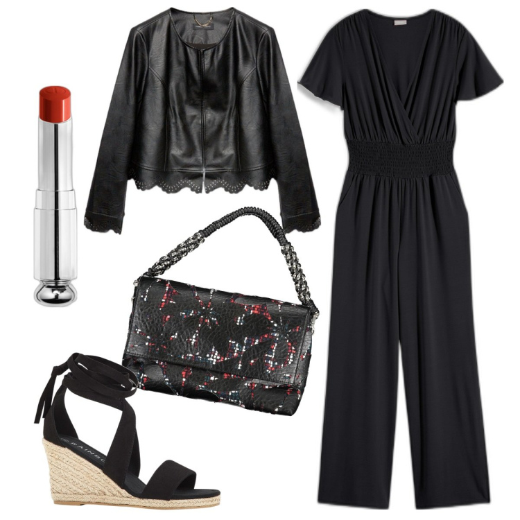 Outfit donna - Comoda e chic. Stile Casual chic per Serata fuori. Abbinamento con tute, sandali, rossetti, blazer, borse a spalla.
