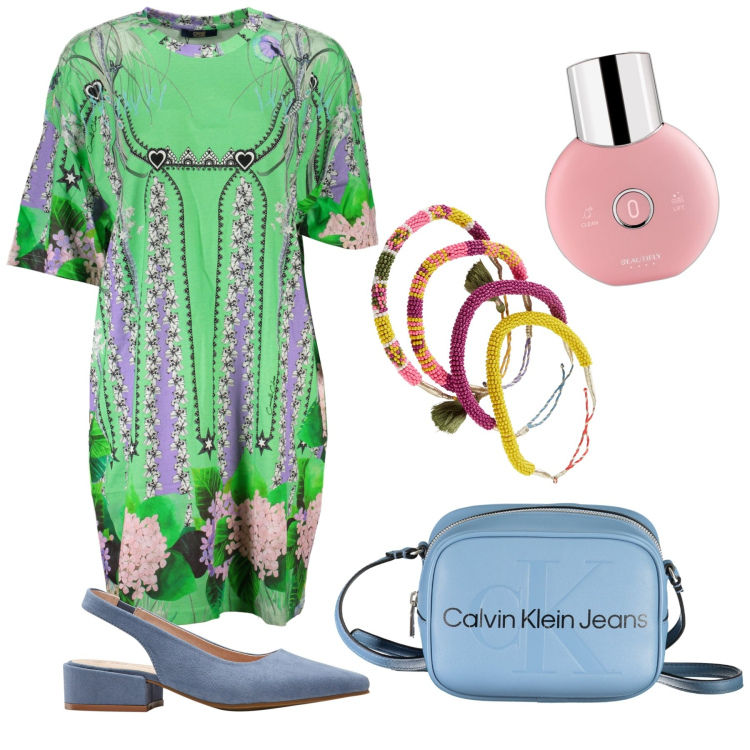 Outfit donna - Passeggiata al mare di sera. Stile Casual chic Abbinamento con décolleté, braccialetti, blush, vestiti corti, borse a tracolla.