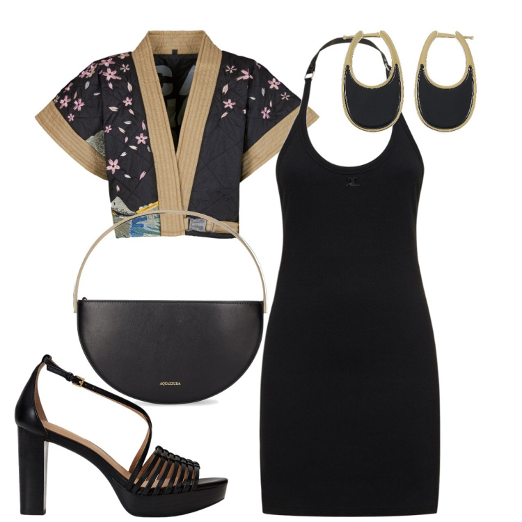 Outfit donna - Ghost outfitter- giugno. Stile Chic per Serata fuori. Abbinamento con sandali in pelle, kimono, orecchini, borse a mano, vestiti.