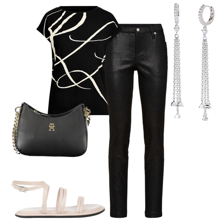 Outfit donna - City. Stile Basic per Tutti i giorni. Abbinamento con pantaloni, sandali in pelle, orecchini, maglieria, borse a spalla.