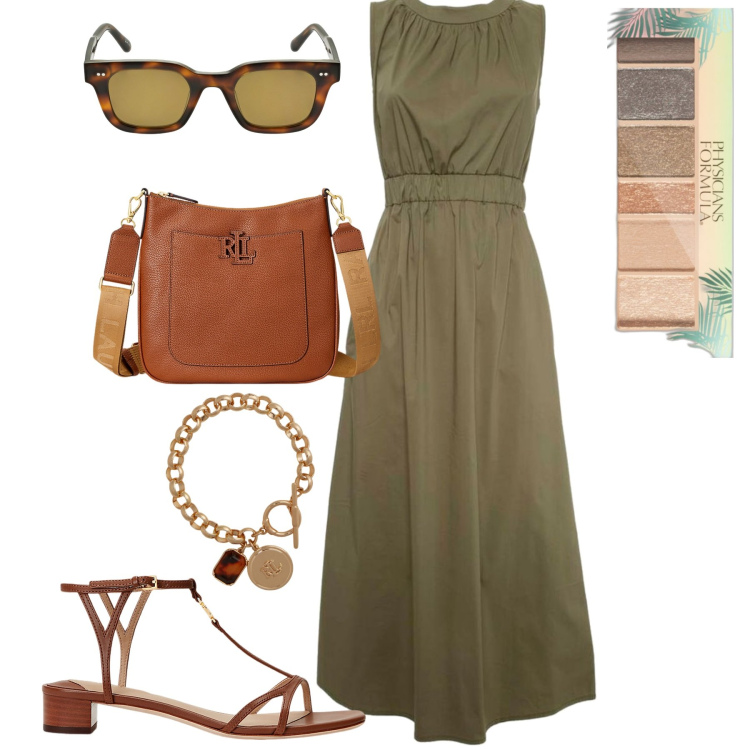 Outfit donna - Estate in ufficio. Stile Casual chic per Ufficio. Abbinamento con ombretti, sandali in pelle, borse a tracolla, braccialetti, vestiti lunghi, occhiali da sole.