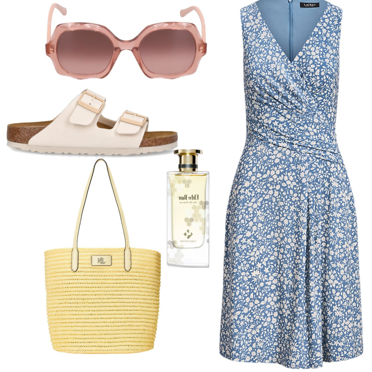 Outfit donna - Si parte. Stile Casual per Mare. Abbinamento con profumi, vestiti midi/longuette, borse tote, sandali, occhiali da sole.