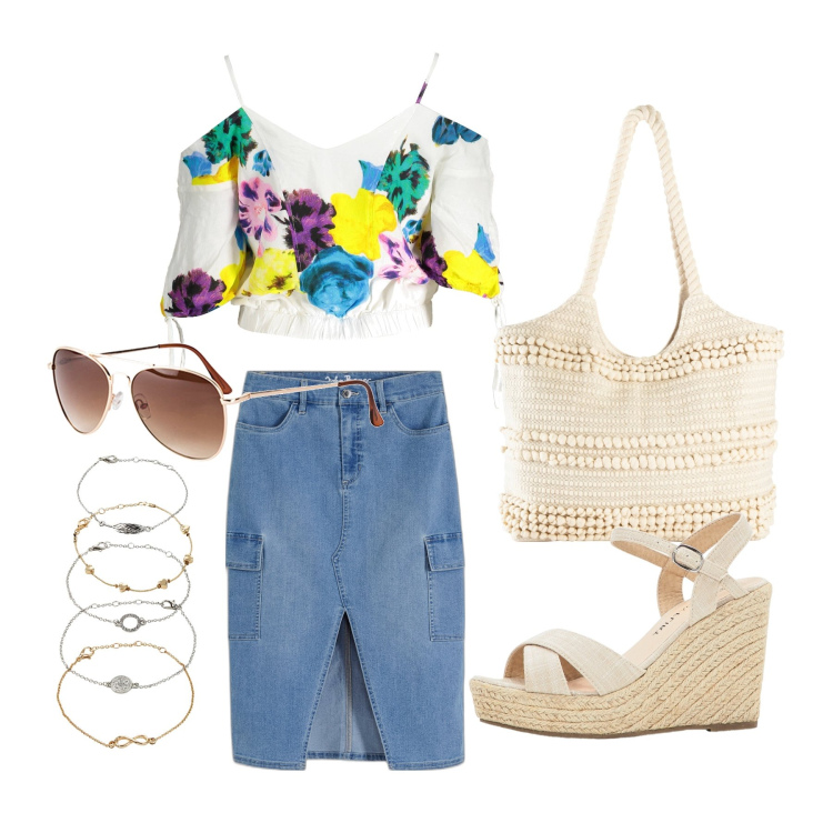 Outfit donna - Ghost outfitter - giugno. Stile Casual chic per Tutti i giorni. Abbinamento con sandali, braccialetti con ciondoli, occhiali da sole, gonne, shopping bag, vestiti corti.