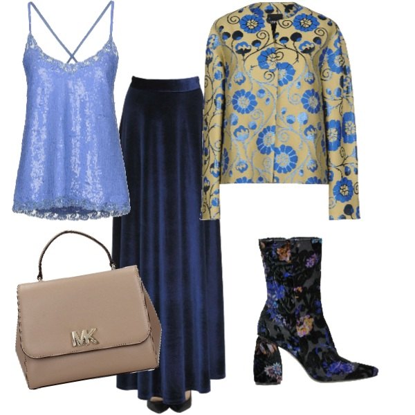 Outfit donna - Una serata "particolare". Stile Rock per Serata fuori. look ideale per Petite. Abbinamento con top con paillettes scollatura profonda senza maniche in tulle tinta unita, giacca fantasia floreale effetto laminato collo a v a maniche lunghe interno foderato in seta jacquard, borsa a mano con bottoni beige, gonna lunga con zip in velluto made italy, stivali.