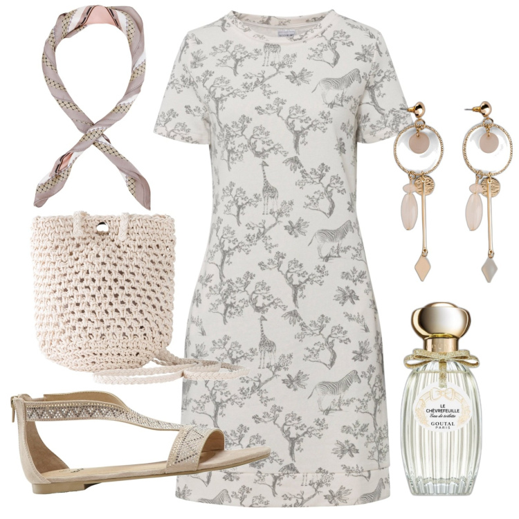 Outfit donna - Total look #1906942. Stile Casual chic per Tutti i giorni. Abbinamento con orecchini, vestiti, borse a tracolla, sandali, profumi, foulard.