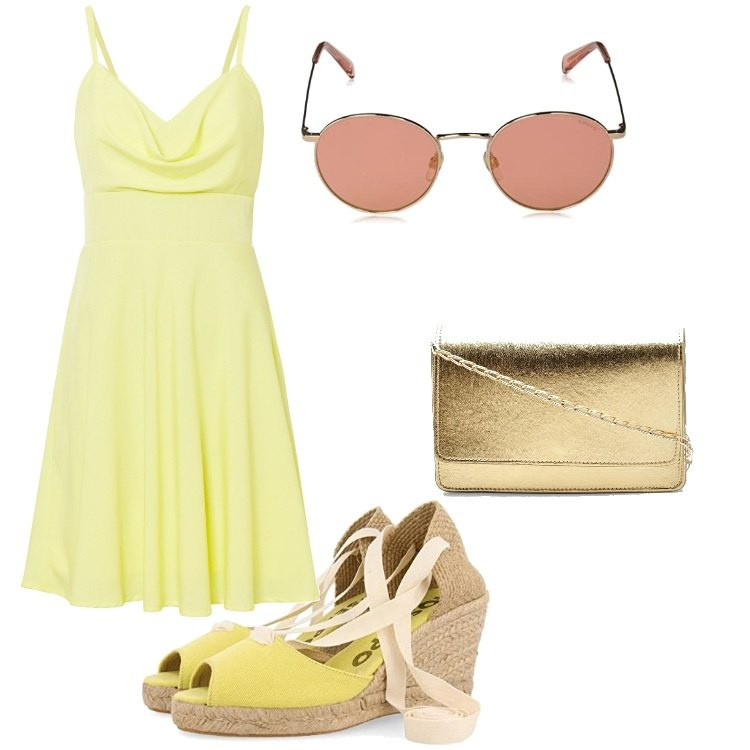 Outfit femme - soirée en jaune. Style Glamour pour Cérémonie. Assortir avec robes, body, sandales, lunettes de soleil, sacs en bandoulière.
