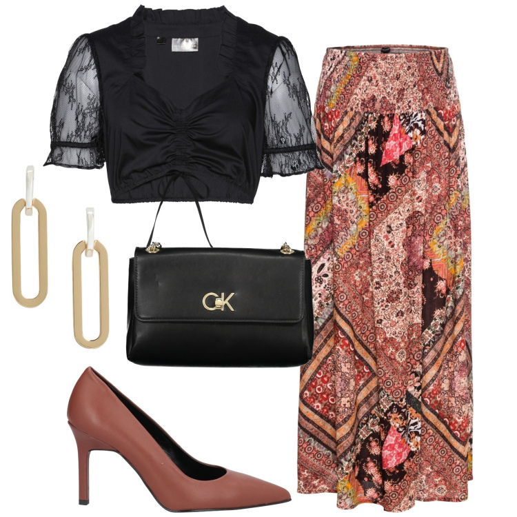 Outfit donna - Serata. Stile Casual chic per Serata fuori. Abbinamento con camicie, gonne, décolleté, orecchini, borse a spalla.