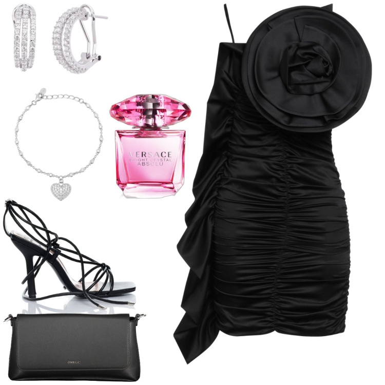 Outfit donna - Serata fuori. Stile Glamour per Serata fuori. Abbinamento con vestiti corti, profumi, orecchini, braccialetti, sandali alla schiava, borse a spalla.