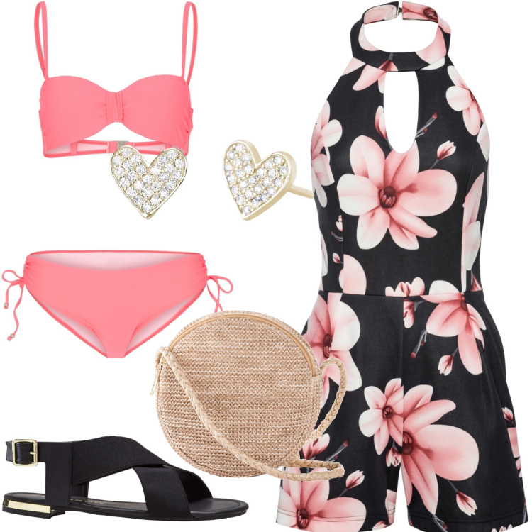 Outfit donna - Aperitivo in spiaggia. Stile Romantica per Mare. Abbinamento con sandali, tute, bikini, borse a tracolla, orecchini.