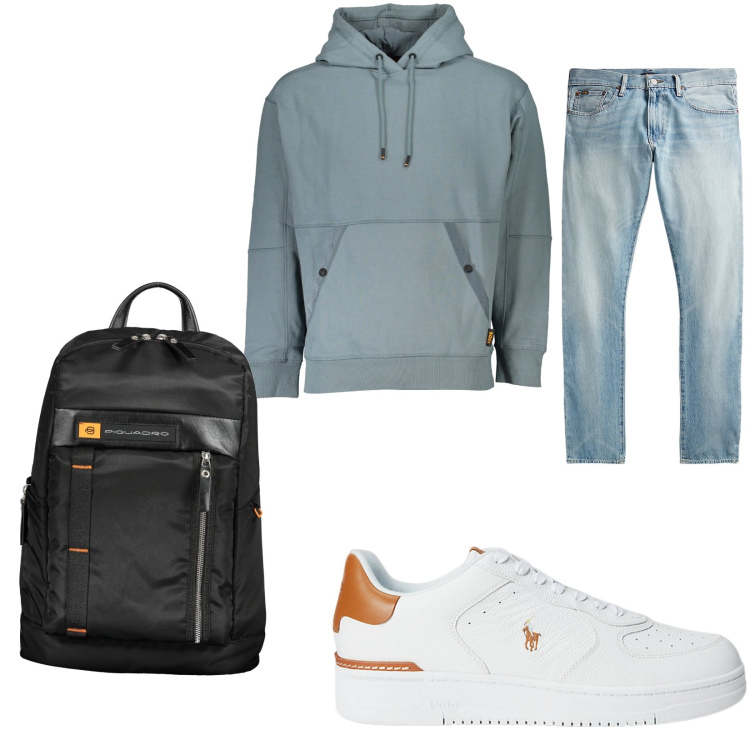 Outfit uomo - Total look #1907006. Stile Casual per Ufficio. Abbinamento con sneakers, jeans, felpe con cappuccio, borse sportive.