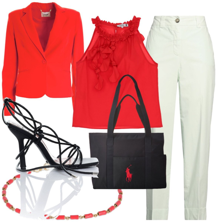 Outfit donna - Total look #1907018. Stile Casual chic per Serata fuori. Abbinamento con pantaloni, canottiere, sandali alla schiava, blazer, borse tote, braccialetti.
