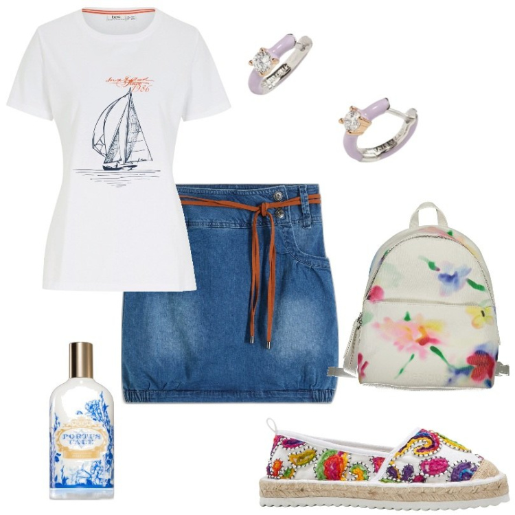 Outfit donna - il tuo fascino naturale.. Stile Casual per Tutti i giorni. Abbinamento con espadrillas, minigonne, t-shirt, profumi, orecchini, zaini.