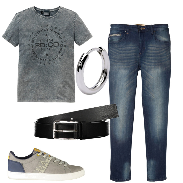 Outfit uomo - City. Stile Casual per Tutti i giorni. Abbinamento con jeans slim fit, t-shirt, orecchini, cinture, sneakers.