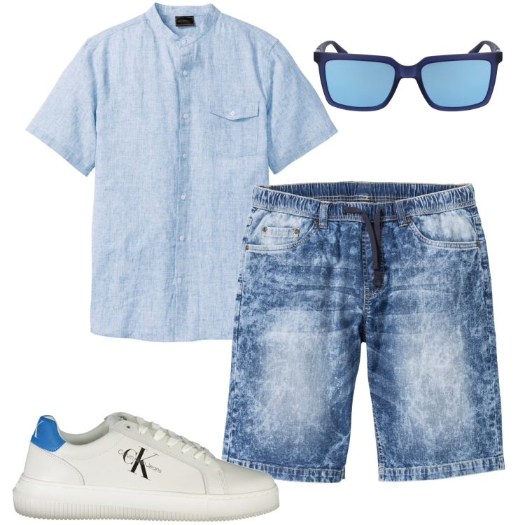 Outfit uomo - Luglio casual. Stile Casual per Tutti i giorni. Abbinamento con camicie a manica corta, bermuda, scarpe sportive, occhiali da sole.