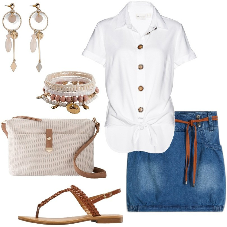 Outfit donna - Gonna di jeans corta con effetto usato. Stile Casual per Tutti i giorni. Abbinamento con minigonne, braccialetti, orecchini, camicie, ciabatte, borse a tracolla.