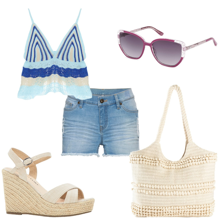 Outfit donna - Shorts jeans e top. Stile Casual per Tutti i giorni. Abbinamento con shopping bag, shorts, sandali, top, occhiali da sole.