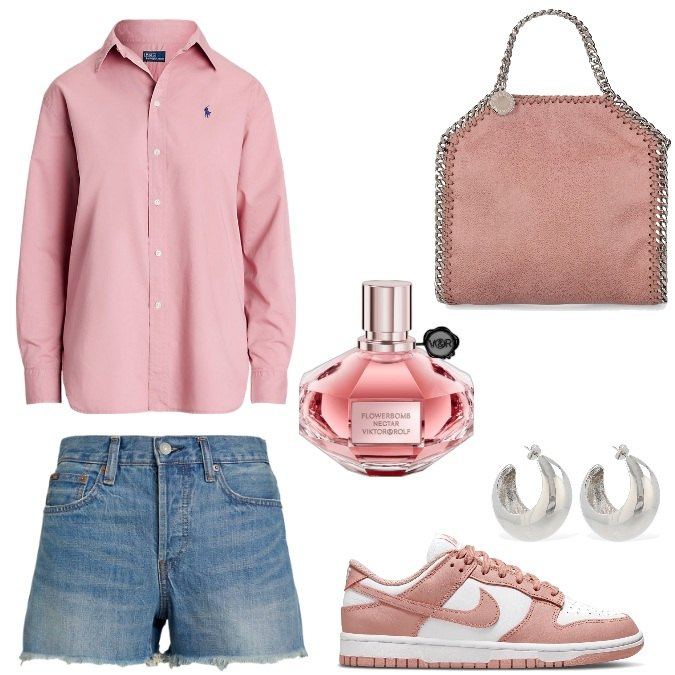 Outfit donna - Total look #1907090. Stile Casual per Tutti i giorni. Abbinamento con profumi, minigonne, camicie, sneakers, borse a mano, orecchini.