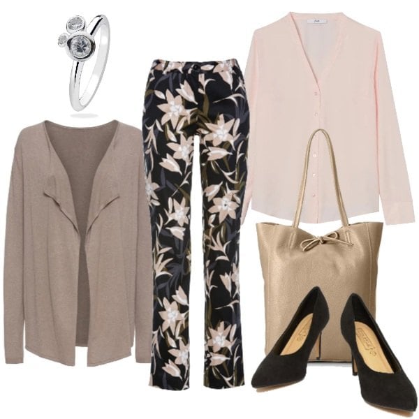 Outfit donna - Lunedì in ordine. Stile Basic per Ufficio. Abbinamento con maglieria, pantaloni, blusa con scollo rosa, scarpe con tacco a punta, shopping bag beige e grigio, anello in sterling 925 argento.