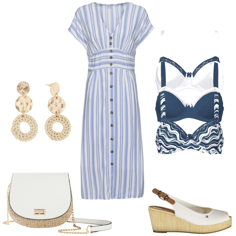 Outfit donna - Total look #1907107. Stile Casual per Tutti i giorni. Abbinamento con vestiti, reggiseni, borse a tracolla, orecchini, sandali col tacco.