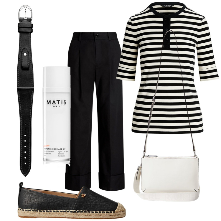 Outfit donna - il Cinturino. Stile Casual chic per Tutti i giorni. Abbinamento con fondotinta, espadrillas, borse a tracolla, t-shirt, orologi, pantaloni.