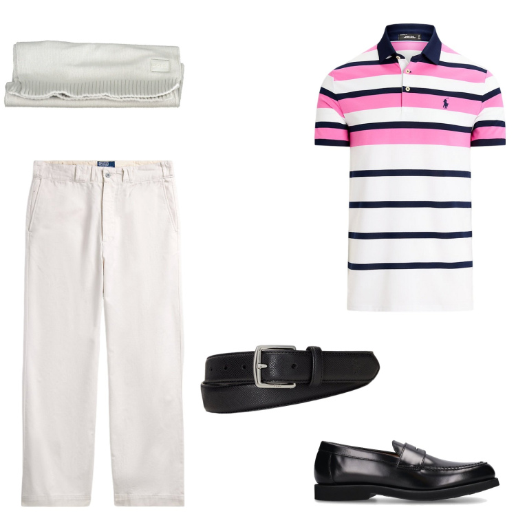 Outfit uomo - Uscire con te. per Serata speciale. Abbinamento con cinture, pantaloni chino, polo, scarpe stringate, sciarpe.