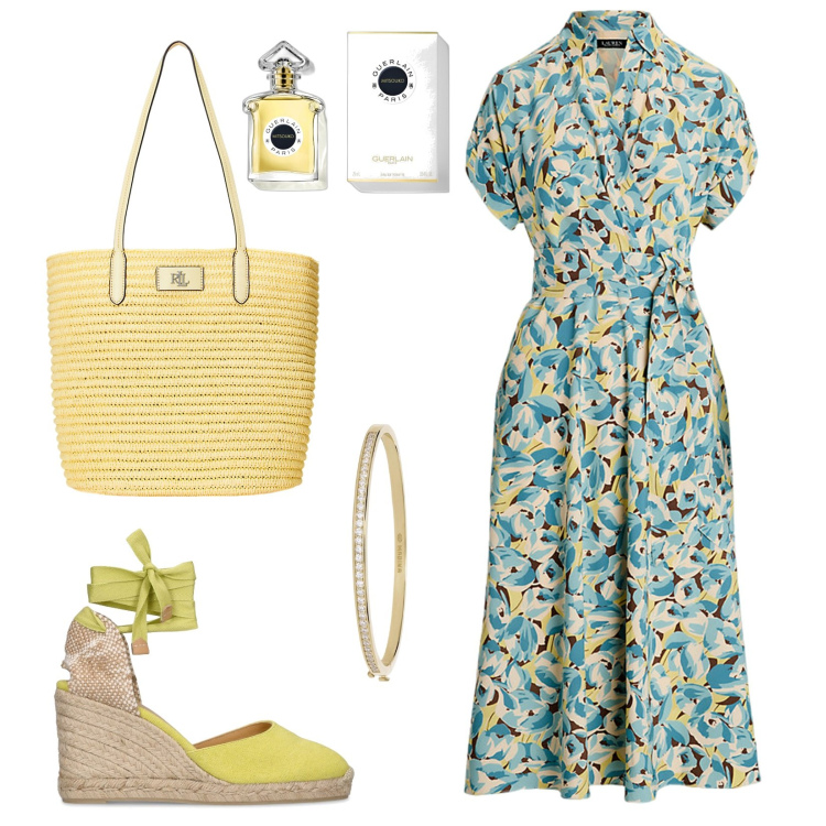 Outfit donna - Anche il profumo è giallo. Stile Casual per Tutti i giorni. Abbinamento con profumi, braccialetti, vestiti, borse tote, espadrillas.