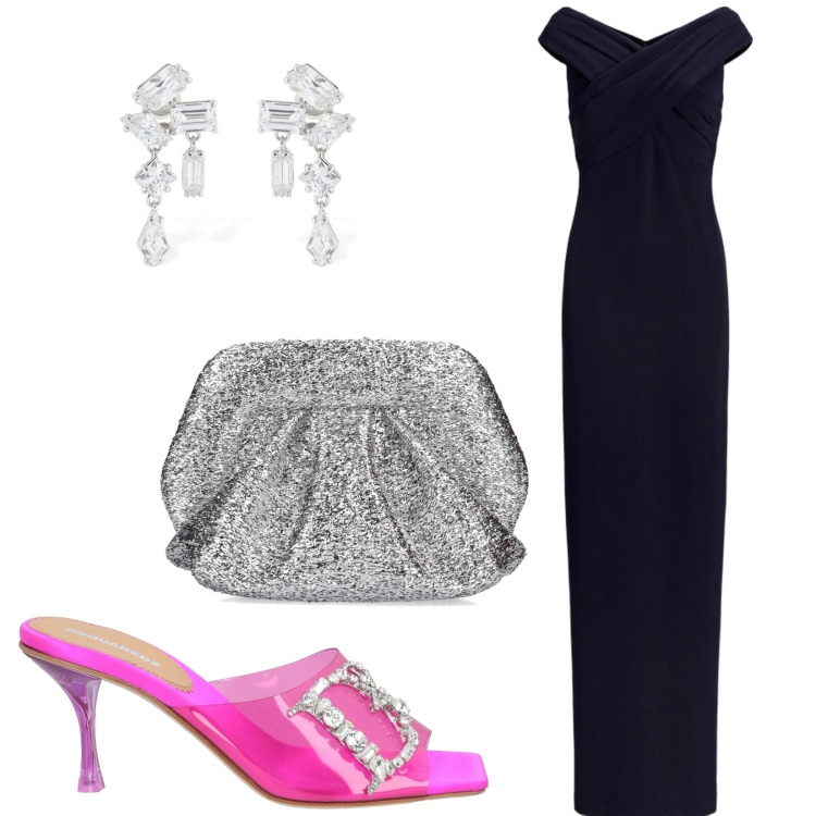 Outfit donna - Serata di gala. per Cerimonia. Abbinamento con sandali in pelle, vestiti lunghi, orecchini, pochette.