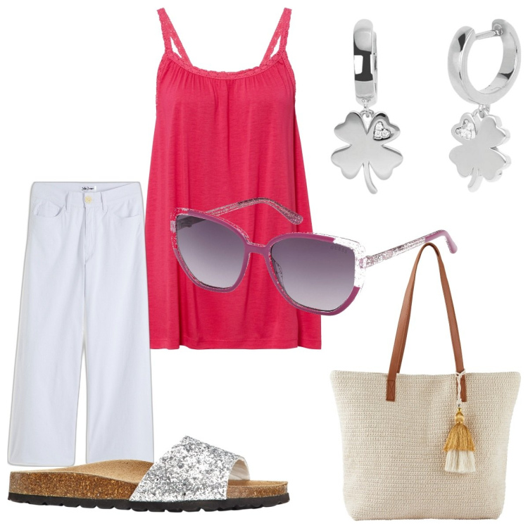 Outfit donna - Benvenuto Luglio. Stile Casual per Tutti i giorni. Abbinamento con jeans, top, ciabatte, shopping bag, orecchini, occhiali da sole.