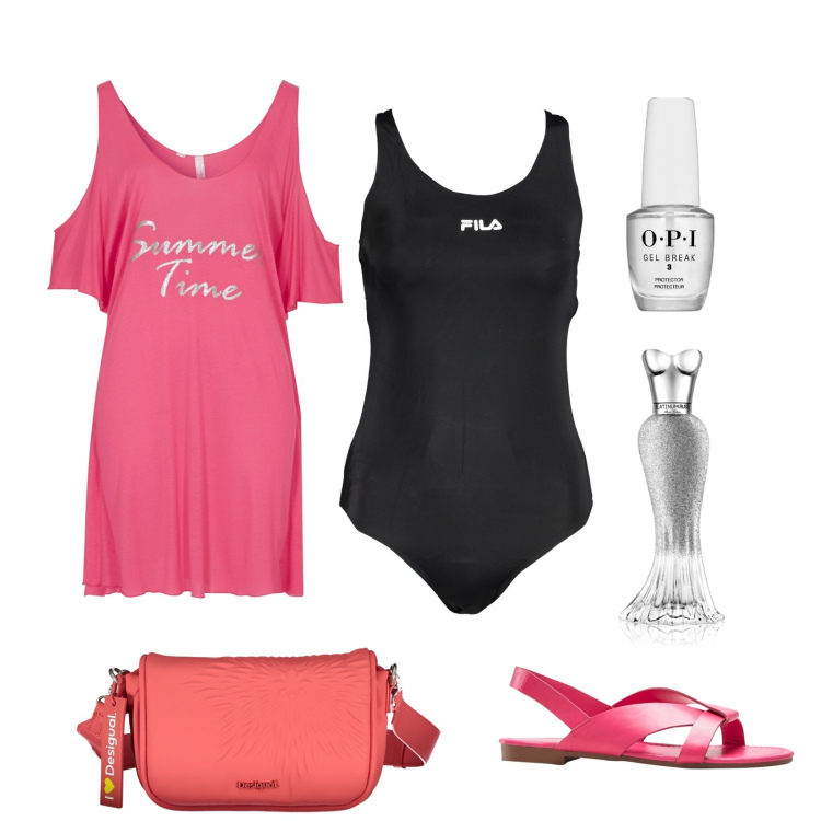 Outfit donna - BIC. Stile Basic per Mare. Abbinamento con sandali, vestiti da spiaggia, profumi, smalti, costumi interi, borse a spalla.