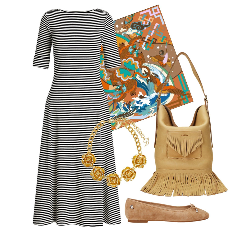 Outfit donna - Ghost outfitter - giugno. Stile Chic per Tutti i giorni. Abbinamento con ballerine, vestiti, borse a secchiello, foulard, collane.