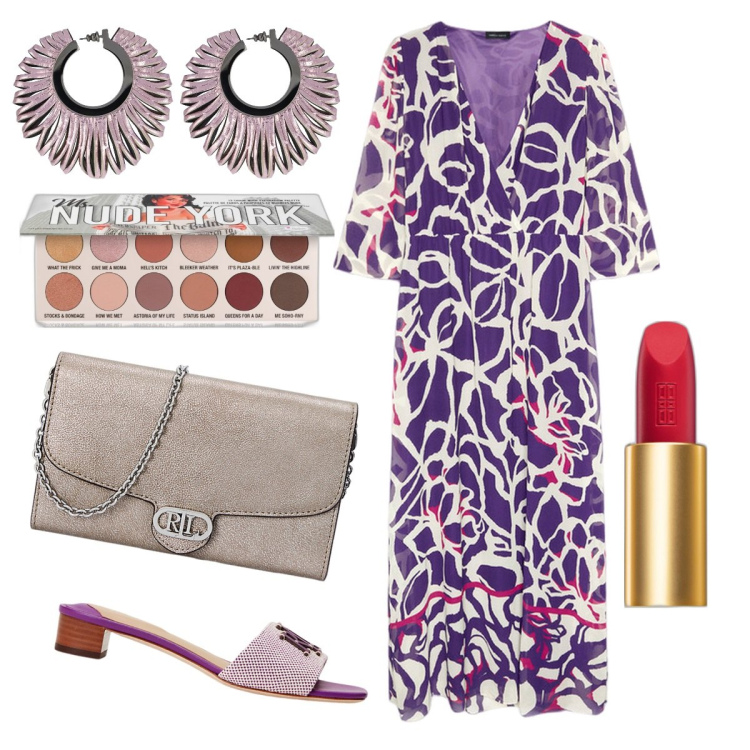 Outfit donna - Colorata ed elegante. Stile Romantica per Ufficio. Abbinamento con rossetti, ombretti, sandali col tacco, borse a tracolla, vestiti lunghi, orecchini.