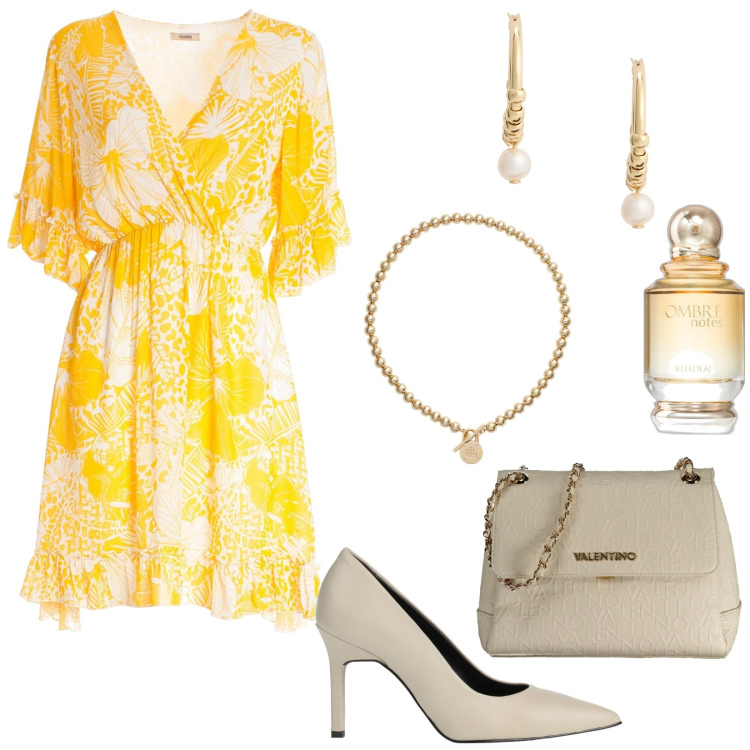 Outfit donna - Sfizioso abitino giallo vitaminico. Stile Chic per Tutti i giorni. Abbinamento con décolleté, profumi, vestiti, collane, orecchini, borse a spalla.