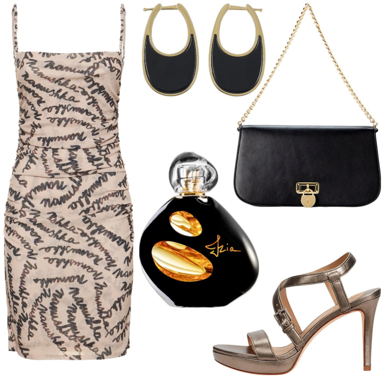 Outfit donna - Total look #1907251. Stile Glamour per Serata fuori. Abbinamento con profumi, sandali in pelle, borse a spalla, orecchini, vestiti.