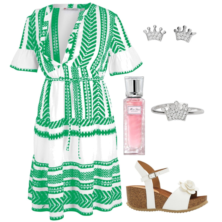Outfit donna - Aperitivo green. Abbinamento con vestiti corti, sandali, profumi, anelli, orecchini.