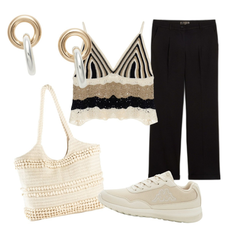 Outfit donna - Uncinetto. Stile Casual per Tutti i giorni. Abbinamento con pantaloni, shopping bag, sneakers, top, orecchini.
