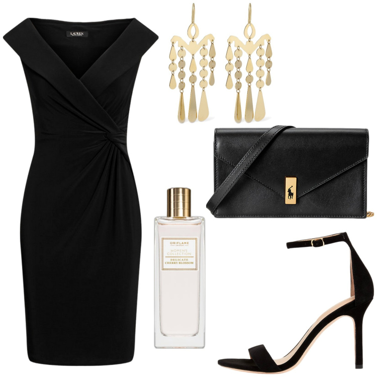 Outfit donna - Total look #1907254. Stile Glamour per Serata fuori. Abbinamento con profumi, vestiti, clutch, sandali col tacco, orecchini.