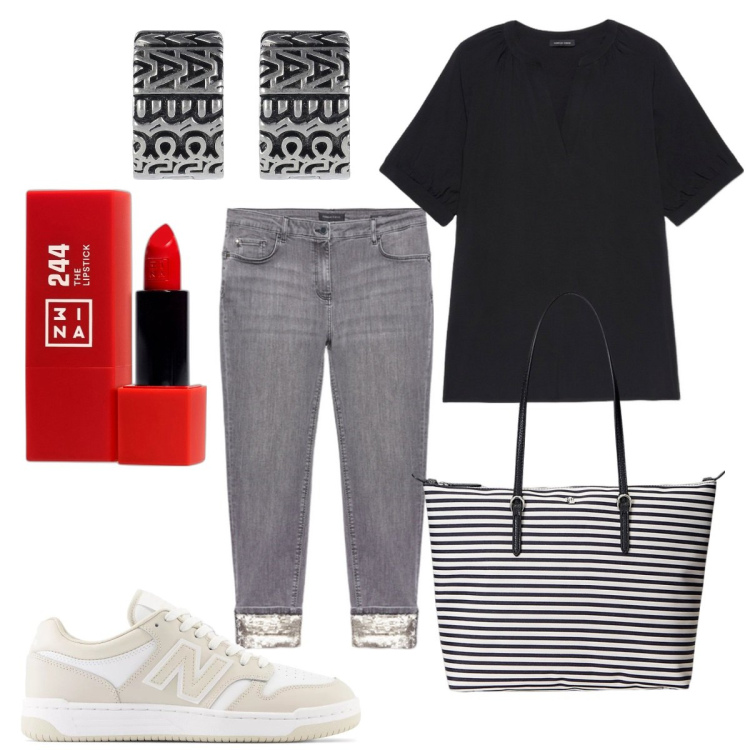 Outfit donna - Pratica e femminile. Stile Basic per Tutti i giorni. Abbinamento con rossetti, sneakers, borse tote, jeans skinny, orecchini, bluse.