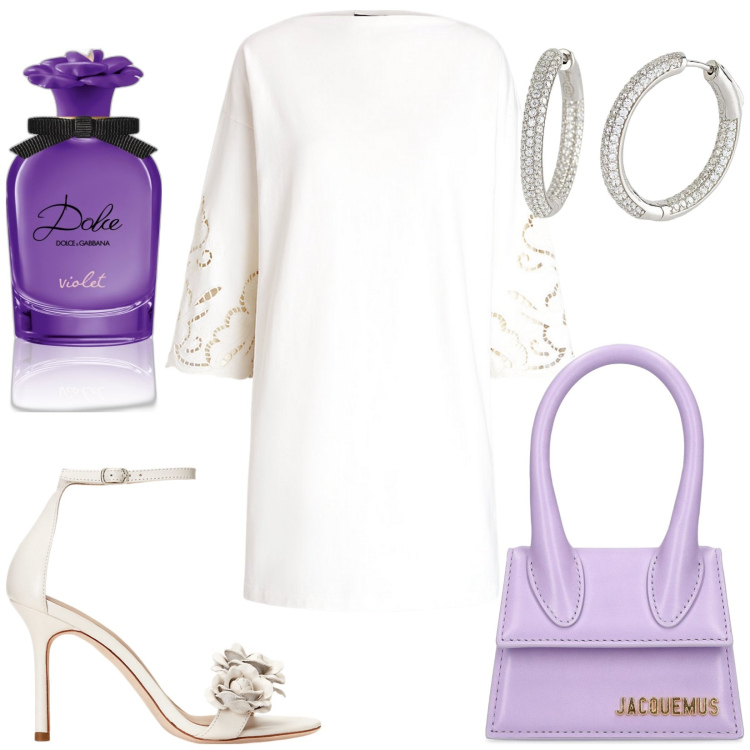 Outfit donna - Total look #1907265. Stile Chic per Serata fuori. Abbinamento con profumi, orecchini, sandali in pelle, vestiti, borse a mano.