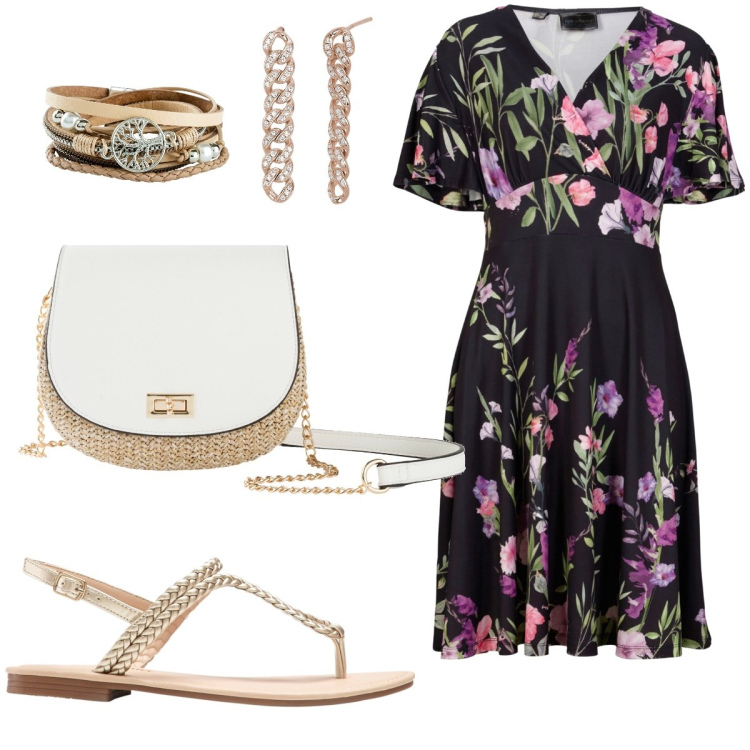 Outfit donna - Outfit dell’estate. Stile Casual chic per Tutti i giorni. Abbinamento con ciabatte, borse a tracolla, braccialetti, vestiti, orecchini.