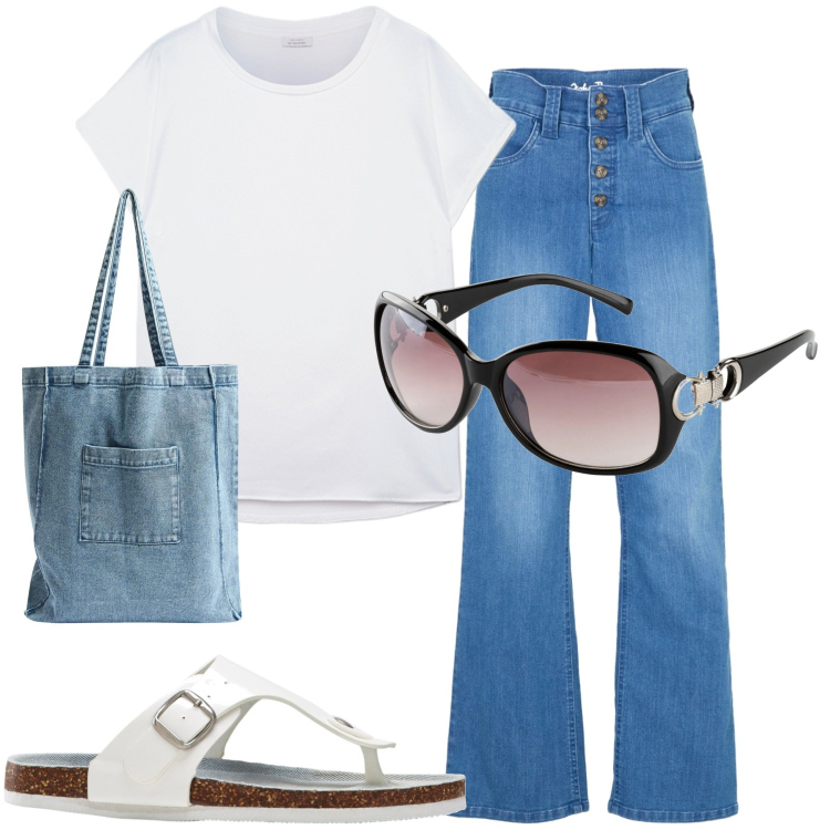 Outfit donna - Pomeriggio libero. Stile Casual per Tutti i giorni. Abbinamento con infradito, occhiali da sole, jeans dritti, shopping bag, bluse.