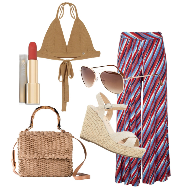 Outfit donna - Ghost outfitter - luglio. Stile Boho per Tutti i giorni. Abbinamento con occhiali da sole, sandali, pantaloni a palazzo, borse a mano, rossetti, top.